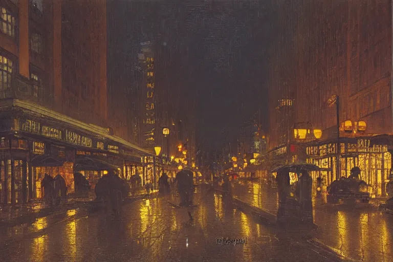 Image similar to painting of the streets of old new york at night, streetlights, raining, romantic, by ludwig deutsch and maxfield parrish, patterned tilework, extremely detailed, cinematic lighting, smooth sharp focus