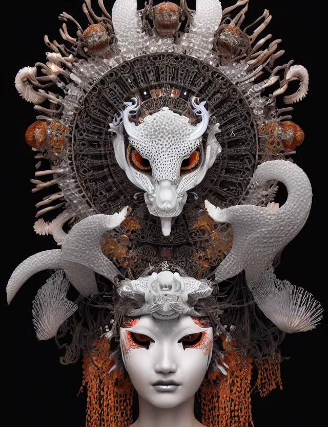 Image similar to 3 d goddess close - up 3 / 4 portrait with ram skull. beautiful intricately detailed japanese crow kitsune mask and clasical japanese kimono. betta fish, jellyfish phoenix, bio luminescent, plasma, ice, water, wind, creature, artwork by tooth wu and wlop and beeple and greg rutkowski