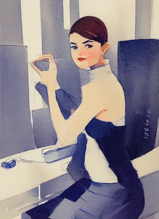 Prompt: concept art of a modern office life, young attractive business woman in pencil miniskirt and sleeveless turtleneck, pinterest, artstation trending, behance, watercolor, by coby whitmore, silver, laser light,