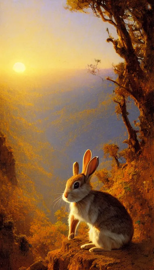 Image similar to hyper realistic rabbit looking off of a cliff, sun setting behind rabbit, lush forest in valley below, painted by gaston bussiere, craig mullins, j. c. leyendecker 8 k