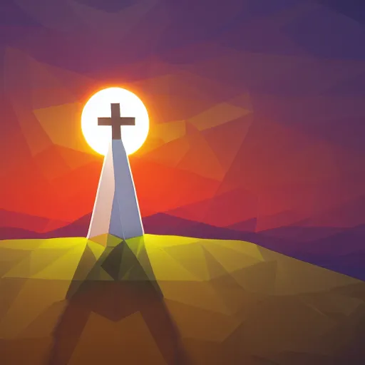 Image similar to vector, low poly, white cross icon, on a hill, sunset background, cgsociety, volumetric lighting, artstationhq