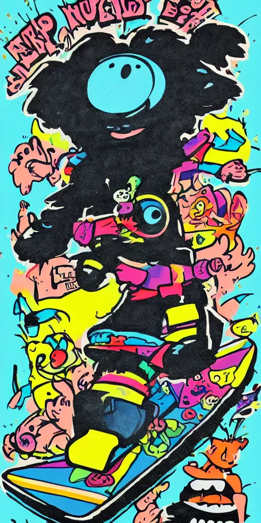 Prompt: fuzzbucket skateboard art by jamie thomas and toy machine, disney channel,