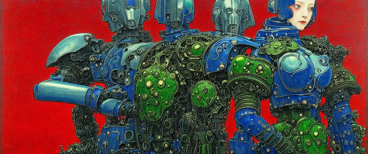 Prompt: composition of gothic and futuristic, warhammer, cyber armor, more and more scars, storm, blue head, red, green, many mech flowers, the middle ages, highly detailed, artstation, in the style of moebius, jugendstil and classic japanese print, art by jean delville and rene magritte, gustav klimt