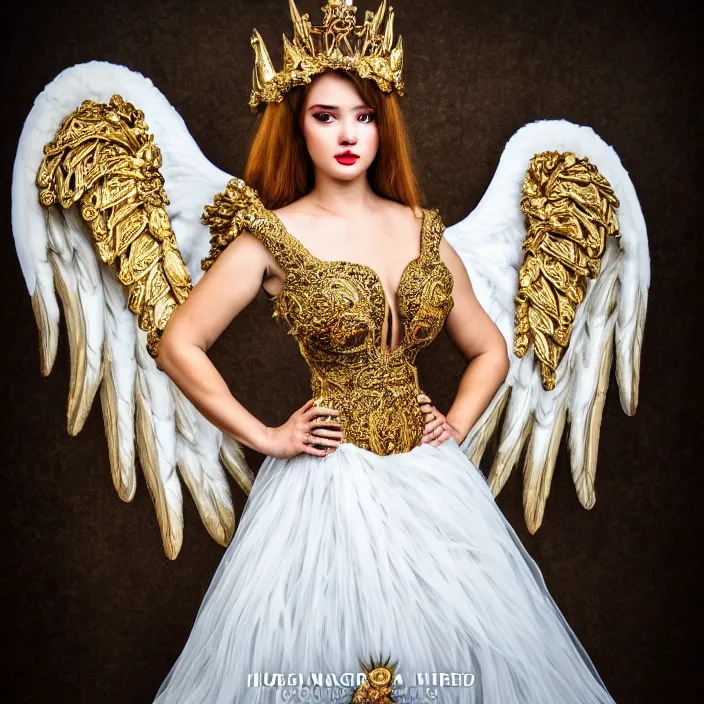 Image similar to full length photo of a very beautiful!! angel queen with ornate dress, highly detailed, 4 k, hdr, smooth, sharp focus, high resolution, award - winning photo