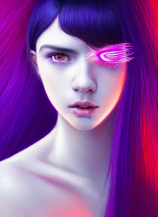 Image similar to hair whitebangs hair, black hair, whitebangs, portrait of teenage girl with white bangs, red irises, purple clothes, white bangs, bangs are different color from hair, intricate, elegant, glowing lights, highly detailed, digital painting, artstation, concept art, smooth, sharp focus, illustration, art by wlop, mars ravelo and greg rutkowski