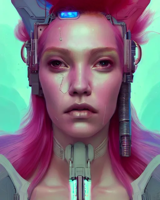 Image similar to portrait of a beautiful woman with pink hair as a cyberpunk cyborg, sci - fi, missing panels, intricate abstract upper body intricate artwork, by tooth wu, wlop, beeple, dan mumford. concept art, octane render, deviantart, greg rutkowski, cinematic, key art, hyperrealism, iridescent accents