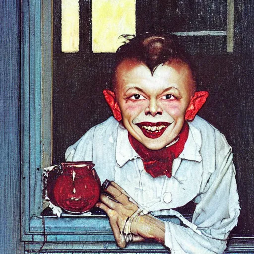 Prompt: smiling handsome young vampire count in the window. painting by Norman Rockwell.