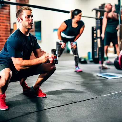 Prompt: doing crossfit while drinking a lot of coffee photograph high quality