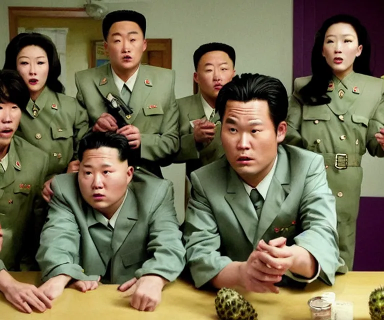 Image similar to hyperralism pineapple express ( 2 0 0 8 ) movie still photography of real detailed north korean kim chen with detailed face smoking high detailed weed and reviewing weed bush in detailed basement bedroom ultra violet light