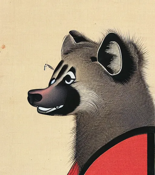 Prompt: ukiyo-e ukiyoe portrait of furry anthro anthropomorphic spotted hyena head animal person fursona wearing clothes sitting in a living room