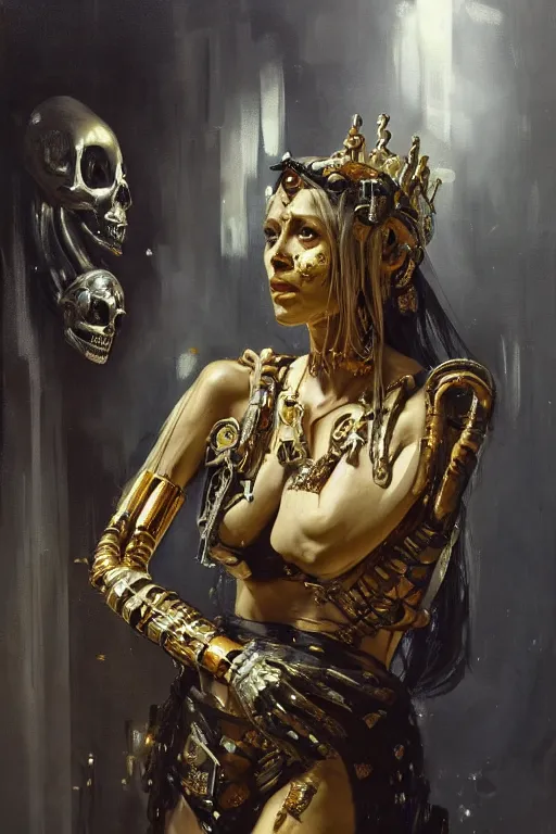 Image similar to beautiful expressive oil painting portrait of ancient god queen, silver exoskeleton, with a gold skull mask, cyberpunk, alien semiotic symbols, art by anders zorn, wonderful masterpiece by greg rutkowski, beautiful cinematic light, american romanticism by greg manchess, jessica rossier