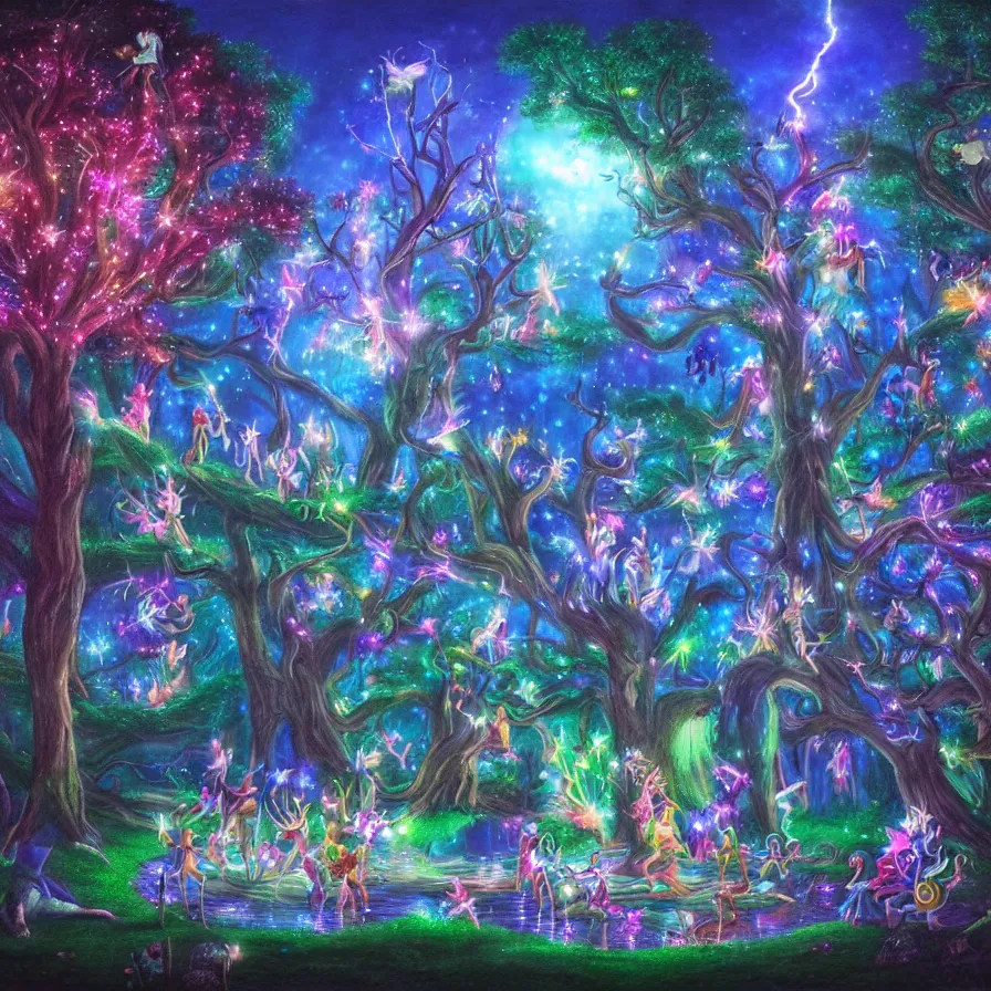 Image similar to a night carnival fairies around a magical tree next to a lake with iridiscent water, christmas lights, volumetric lightning, creatures and fantastic people disguised as fantastic creatures in a magical forest by summer night, masterpieceunderwater scene, masterpiece painted by kelton nelson, scene by night