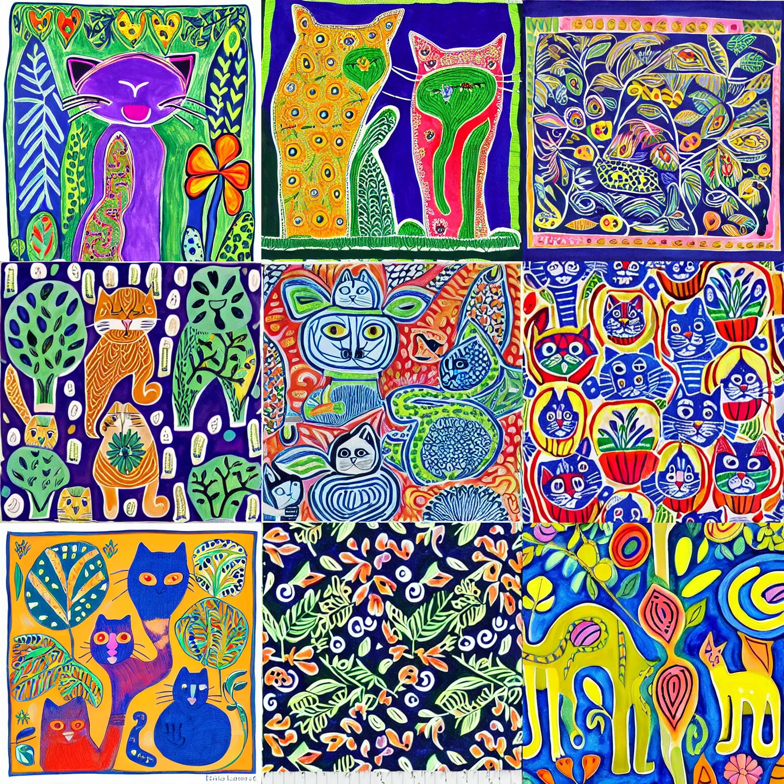 Prompt: cats and plants, painted by Laurel Burch, intricate patterns, decorated, patterned