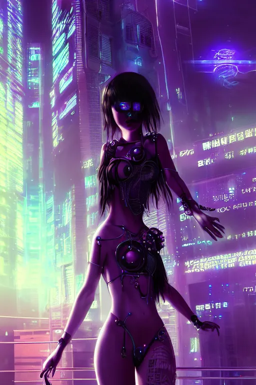 Prompt: portrait futuristic sinful cyberpunk young female necromancer, in futuristic moonlighting tokyo rooftop cyberpunk night, ssci-fi, fantasy, intricate, very very beautiful, elegant, neon light, highly detailed, digital painting, artstation, concept art, soft light, hdri, smooth, sharp focus, illustration, art by tian zi and craig mullins and WLOP and alphonse mucha