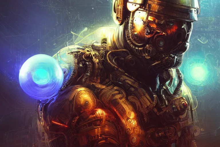 Prompt: portrait sci-fi art by Moebius and Ruan Jia and Michal Kus, a glowing alien neon orb floating above the hand of a soldier, solar flares, magnetic waves, futuristic environment, detailed and intricate environment, fractal holographic symbols, cyberpunk, neon color bioluminescence, gold and black metal, dramatic lighting, cinematic, high technology, highly detailed portrait, digital painting, artstation, concept art, smooth, sharp focus, ilustration, Artstation HQ