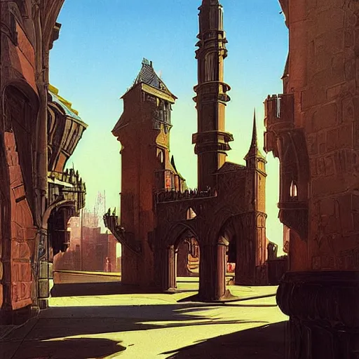 Image similar to Medieval city designed by Syd Mead