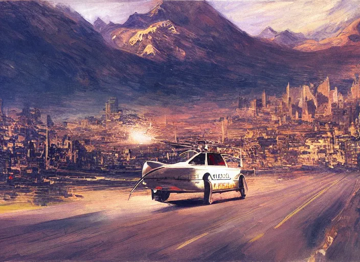 Image similar to illustration of a flying car crossing at full speed between buildings in santiago de chile with the andes mountain range in the background in a dystopian future by john berkey and monet