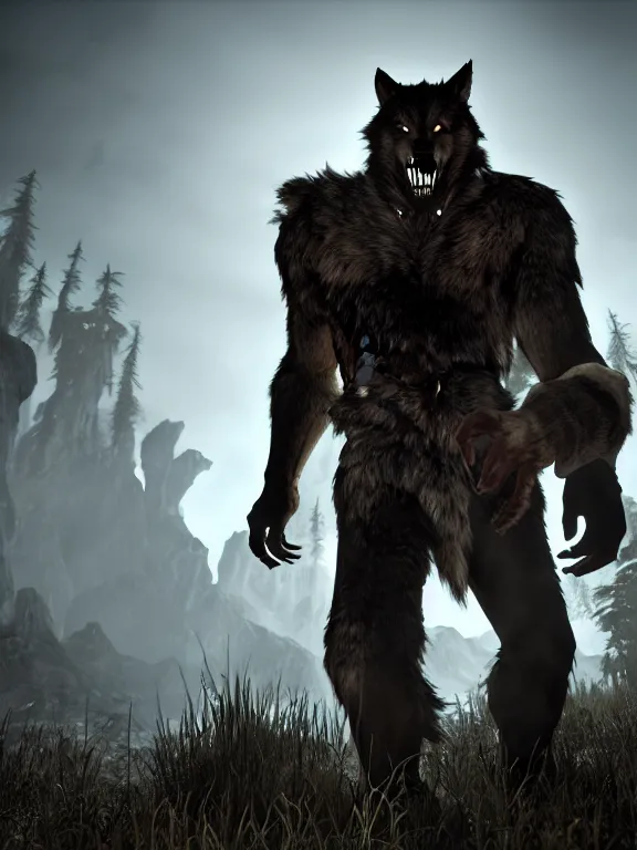 Image similar to cute handsome cuddly burly surly relaxed calm timid werewolf from van helsing unreal engine hyperreallistic render 8k character concept art masterpiece screenshot from the video game the Elder Scrolls V: Skyrim