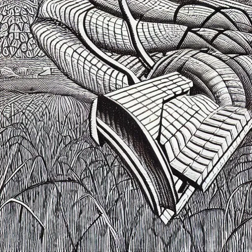 Image similar to an ornate illustration in the style of mandalic escher, wood engraving print, showing a geometric knot in a wheat field