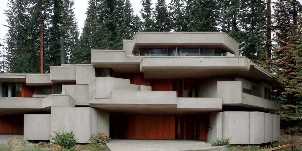 Image similar to large futuristic residence, pacific northwest, cedar and white concrete, many large windows, triangular elements designed by frank lloyd wright