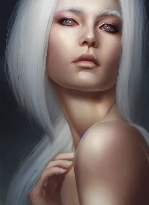 Image similar to girl with white hair, beautiful highly detailed face, complementary lighting, backlit, eyeshadow, divine, beautiful painting by artgerm and greg rutkowski and raymond swanland