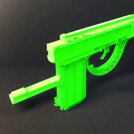 Image similar to a 3 d printed rail gun prototype, printed in green filament that is slightly transparent, with visible layer lines and printing errors. 4 k, hdr, photo taken on an iphone 1 2.