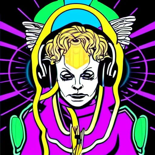 Image similar to svg vector sticker of absolutely divine-deity-angel-robotic-android-hybrid, rocking out, wearing headphones, huge speakers, dancing, rave, DJ, spinning records, digital art, amazing composition, rule-of-thirds, award-winning, trending on artstation, featured on deviantart