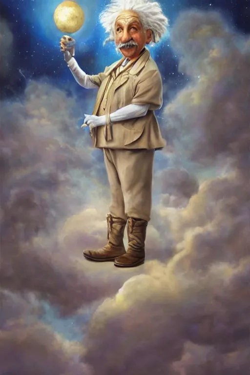 Image similar to breathtakingly beautiful painting of albert einstein dressed as a disney genie, thinking about equations, moonlit sky, matte painting by brian froud, shaun tan, wlo and peter mohrbacher, highly detailed, intricate,, award winning artwork, trending on artstation, high quality printing, fine art