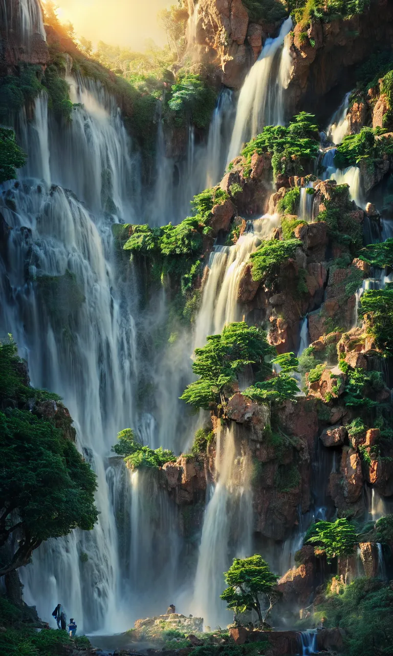 Image similar to beautiful big house waterfall flows down from the mountain, octane render, fabulous, hyper detailed, random cinematic view, no noise, global illumination, warm lighting, volumetric, godrays, vivid, beautiful, by jordan grimmer