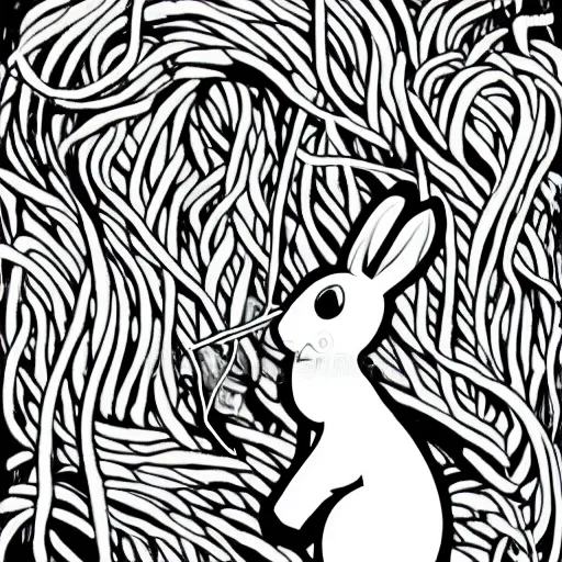 Image similar to black - and - white line art illustration of a playful rabbit in a tangled thicket, smoking a cigarette, with smoke rising from the cigarette, whimsical masterpiece