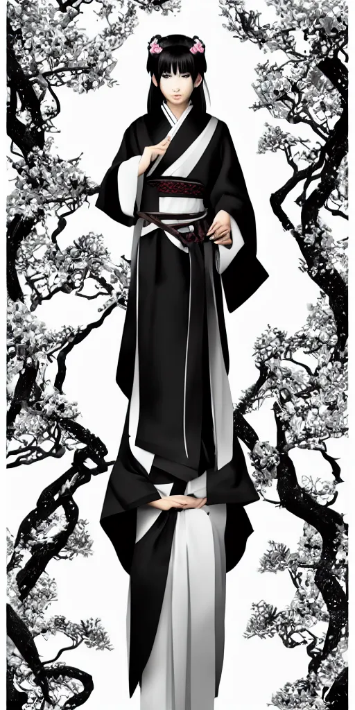 Image similar to character design, black and white kimono, samurai, dark long hair, princess cut hairstyle ， beautiful, elegant, symmetrical face, long legs, regular feet, big katana, full body, wisteria trees, realistic, uhd, unreal engine, detailed