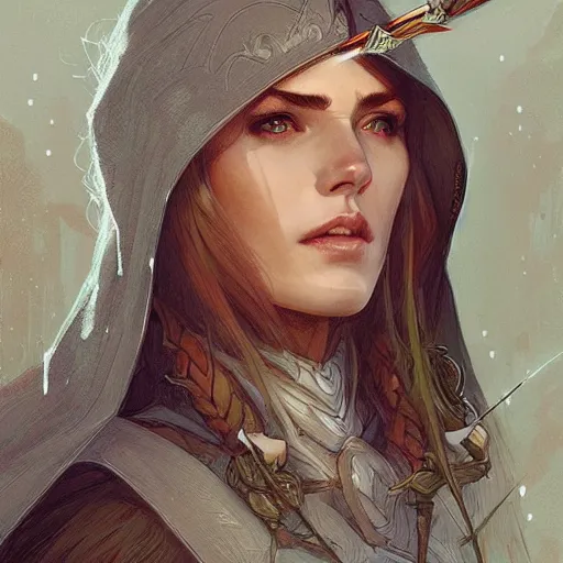 Image similar to beautiful natural coy cottagecore archer elf hooded longbow, intricate, elegant, highly detailed, digital painting, artstation, concept art, smooth, sharp focus, illustration, art by artgerm and greg rutkowski and alphonse mucha and loish and wlop