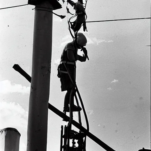 Prompt: A dramatic photo of a an electrician receiving CPR on top of a electric pole after being electrocuted (1967). Two electricians are wearing harnesses. Black and White