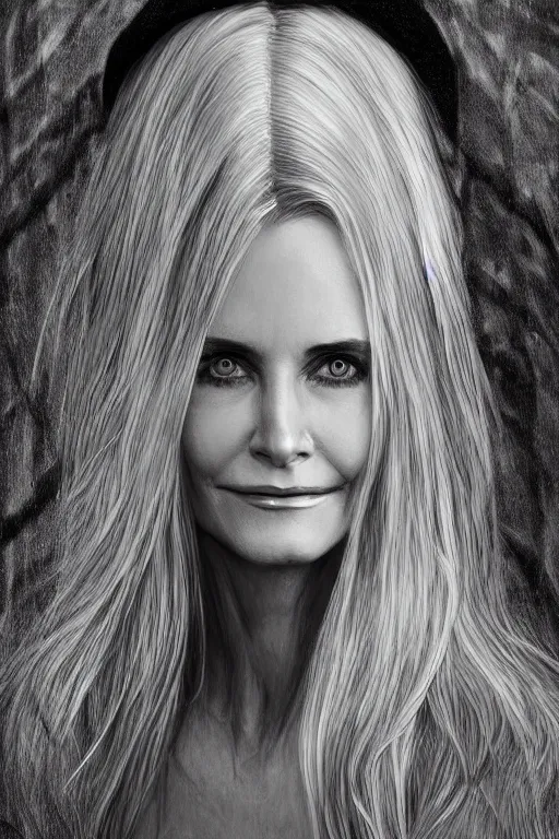 Image similar to young blonde courteney cox as a witch, detailed full body portrait, amazing detail, intricate, elegant, photorealistic, 4K, character design, fantasy, trending on artstation