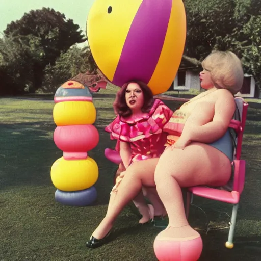 Image similar to 1976 glamorous chubby woman wearing an inflatable smiley head, wearing a dress, in a small village full of inflatable animals, 1976 French film archival footage technicolor film expired film 16mm Fellini new wave John Waters Russ Meyer movie still