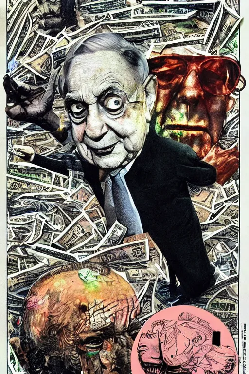 Image similar to George Soros full body shot, dollar bills Body horror, biopunk, by Ralph Steadman, Francis Bacon, Hunter S Thompson