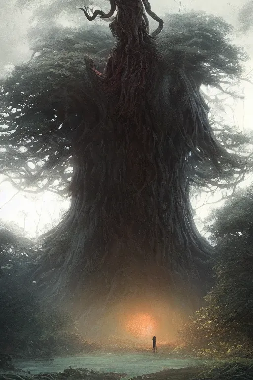 Image similar to a beautiful terrifying tree monster looms over a tiny human in an epic location at dawn, ethereal fantasy art by greg rutkowski