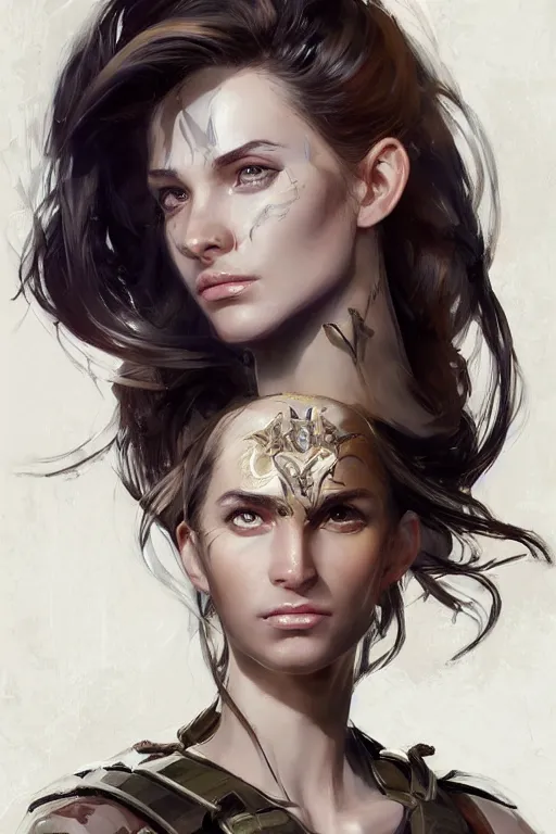 Image similar to a professionally painted portrait of an attractive young woman, clothed in military armor, olive skin, long dark hair, beautiful bone structure, symmetrical facial features, intricate, elegant, digital painting, trending on Artstation, concept art, smooth, sharp focus, illustration, from Metal Gear by Ruan Jia and Mandy Jurgens and Artgerm and William-Adolphe Bouguerea, award winning