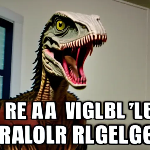 Image similar to photo still from a velociraptor's vlog, the real velociraptor complaining about his samsung refrigerator