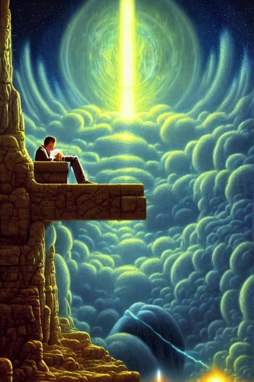 Prompt: a photorealistic detailed cinematic image of a man on his deathbed, contemplating existence, remembering his life, portal to the afterlife. met by friends and family, overjoyed, emotional by pinterest, david a. hardy, kinkade, lisa frank, wpa, public works mural, socialist