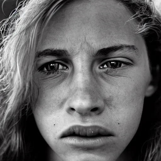 Image similar to a candid extreme closeup portrait of an expressive face of a super busy young woman by annie leibovitz