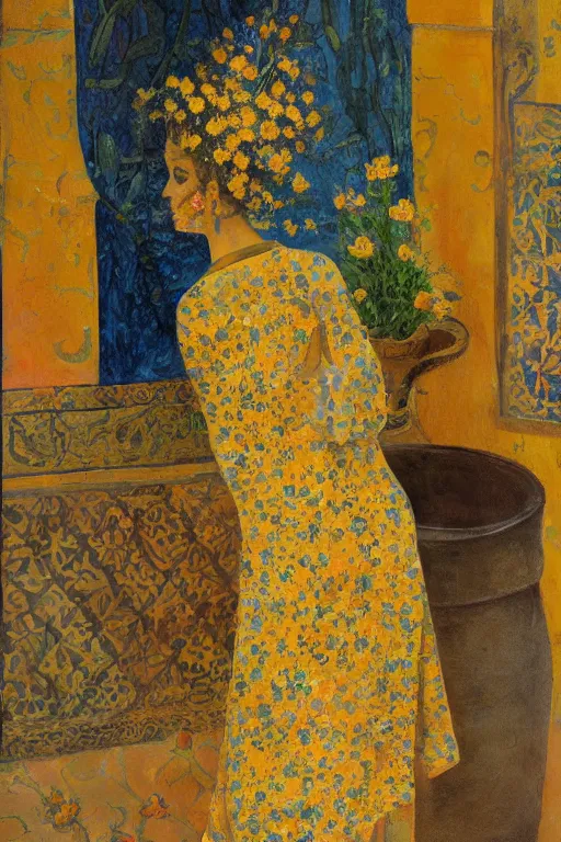 Prompt: girl waer detailed golden arabesque dress with a lot of narcissus in persian pot, painting by alberto mielgo