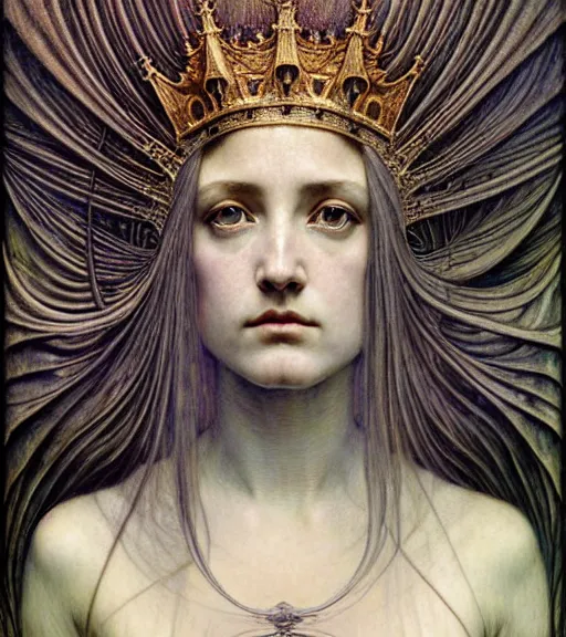 Prompt: detailed realistic beautiful young medieval queen face portrait by jean delville, gustave dore and marco mazzoni, art nouveau, symbolist, visionary, gothic, pre - raphaelite. horizontal symmetry by zdzisław beksinski, iris van herpen, raymond swanland and alphonse mucha. highly detailed, hyper - real, beautiful