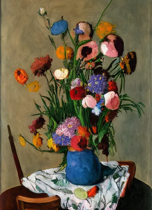 Image similar to a surreal painting of a breakfast still life, vase of flowers, by George Baselitz, symbolist, soft colors, dramatic lighting, smooth, sharp focus, extremely detailed, textured, aesthetically pleasing composition