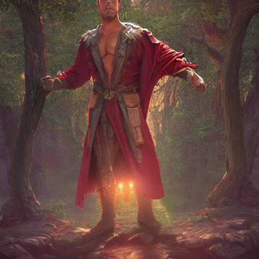 Prompt: ryan reynolds wearing wizardess robes leans against a magical tree romance novel fantasy artwork epic detailed and intricate digital painting trending on artstation by wlop octane render