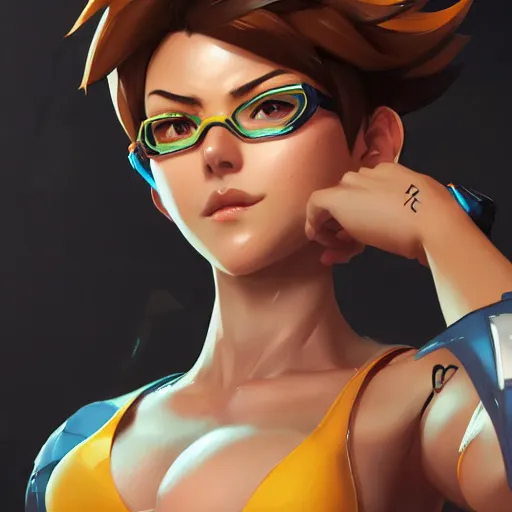 prompthunt: overwatch tracer in a bikini, digital art, pretty face, very  beautiful face, very detailed eyes, 8 k resolution, by wlop, greg  rutkowski, full body