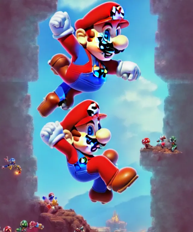 Image similar to super mario, crisp 8 k line art, digital painting, artstation, unreal engine, octane render, emissive lighting, concept art, matte, sharp focus, hyper realistic lighting, illustration, art by ross tran and james jean and philippe druillet