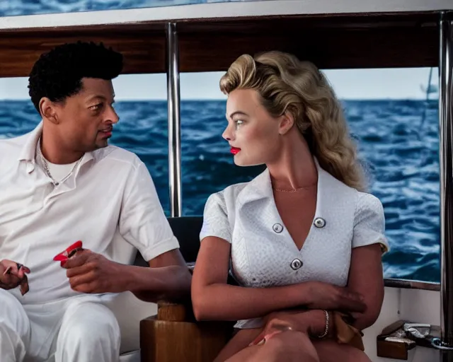 Image similar to handsome 2 1 savage as the wolf of wall street next to margot robbie as naomi from the wolf of wall street on a fishing boat, hyper realistic faces, beautiful eyes, cinematic, long shot, hyper detailed, 8 5 mm photograph, 8 k resolution, film still, sharp lens, wide lens