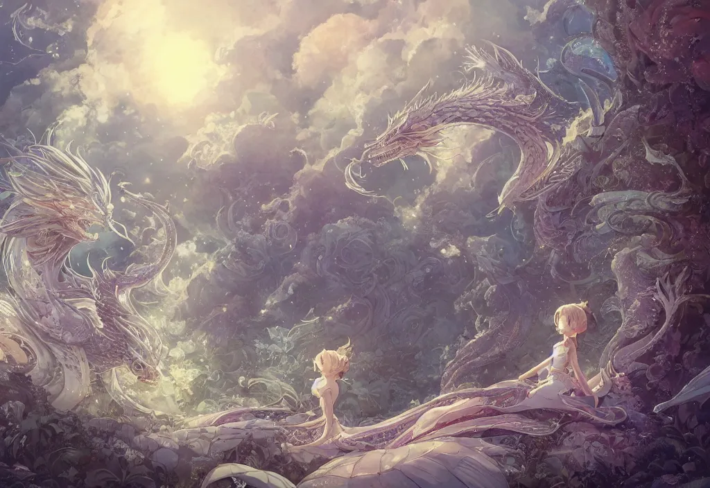 Image similar to the beautiful hyper detailed scene render that a lonely single beautiful girl lies in the arms of a huge silver dragon alone in the fairyland surrounded by white clouds, in the style of makoto shinkai victo ngai and peter mohrbacher studio ghibli artgerm karol bak beeple, animation style, 8 k hd, dream, ultra wide angle, animation style