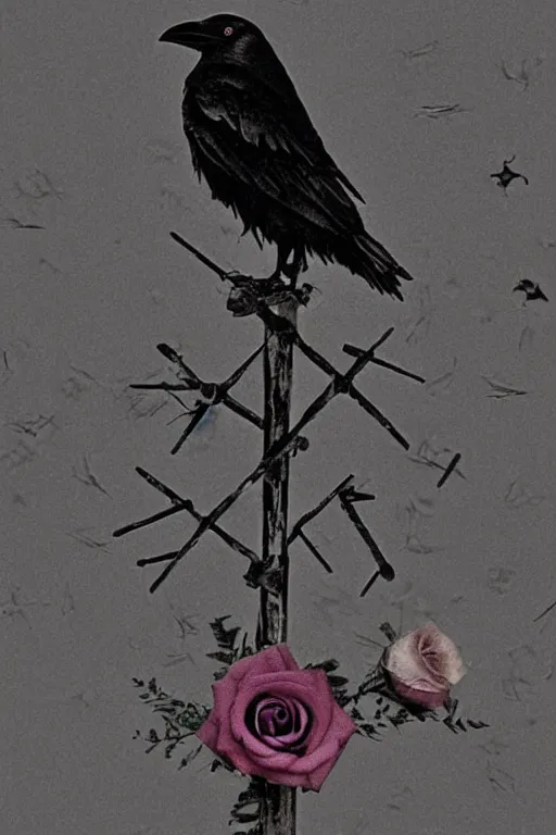 Prompt: crow's feather falling from the sky, roses climb up the crucifix, graveyard in the darkness - w 9 6 0